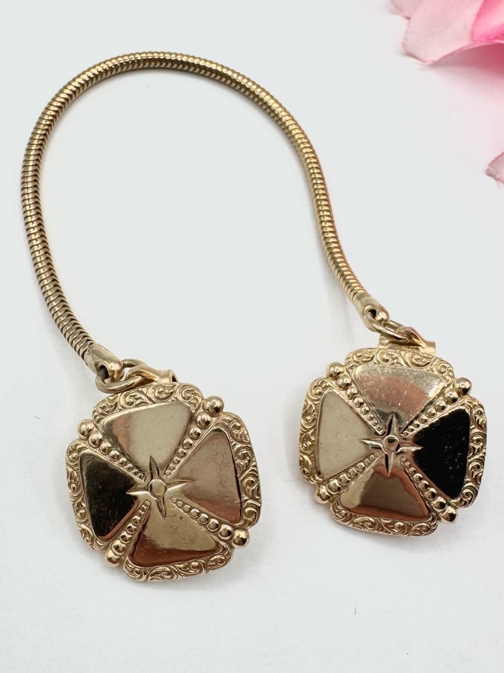 Vintage Maltese Cross Sweater Clip Snake Chain Gold Tone Mid-Century Cardigan
